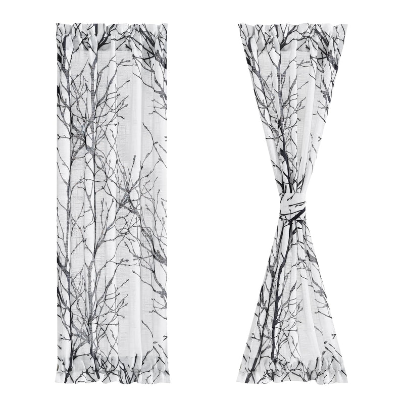 FMFUNCTEX Sheer Sidelight Front Door Curtains 40 Inches Long White Black Branch Tree Half Print Curtain for Patio Doors with Matching Tiebacks 24 Inches Wide 2 Panels Set