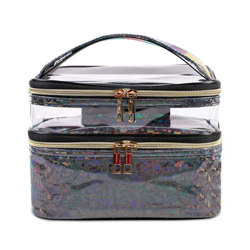FITINI Makeup Bags Double Layer Travel Storage Cosmetic Cases Make-up Organizer Toiletry Bags Water-resistant for Women Makeup Brush BagBlack