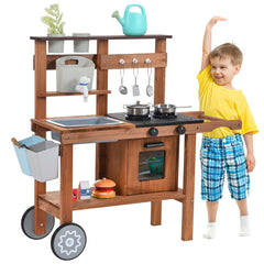 OLLIKIVI Mud Kitchen for Kids OutdoorWooden Play Kitchen with Removable Sink FaucetStorage Shelves Backyard Garden Toddler Kitchen Playest Kitchenware Stove Gift for Boys and Girls