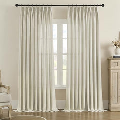 MASWOND Extra Wide Pinch Pleated Semi Sheer Curtains 100W x 108L Inches Extra Long Light Filtering Pinch Pleat Drapes with Hooks for Sliding Patio Door Living Room Bedroom (1 Panel Linen)