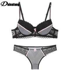 Lace Striped Lingerie Set with Bra and Panties