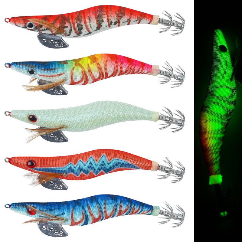 Squid Jig Hook Hard Fishing Lures - 5/10Pcs Luminous Fishing Shrimp Lure Bait Artificial Baits Kit (3.5#-5pcs)