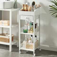 HUSHEDIFY Makeup Organizer Cart3 Tier Floor Make up Storage Stand with Drawer Free Standing Skincare Cosmetic Display Holder with Wheels for Vanity Bedroom Dresser Bathroom(White)