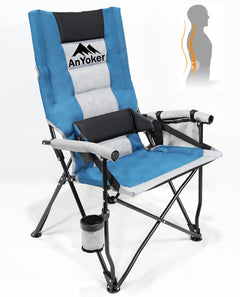 AnYoker Oversized Lumbar Support Camping Chair Compact Padded Seat Including Side Pocket Cup Holder and Storage Bag Portable Foldable Chair Patio Lawn Garden QL (Basic Blue)