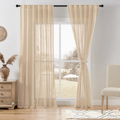 DWCN Linen Sheer Curtains Rod Pocket & Back Tab Linen Texture Semi Sheer Window Covering Light Airy Privacy Sheer Panels for Bedroom Living Room Patio Glass Door 52" W x 90" L Taupe Set of 2
