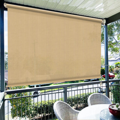 Amagenix Outdoor Roller Shades 8(W) X 6(H) Exterior Cordless Patio Shades Roll Up Outdoor Blinds with 90% UV Protection 2 Poles and 1 Piece Fabric Sesame