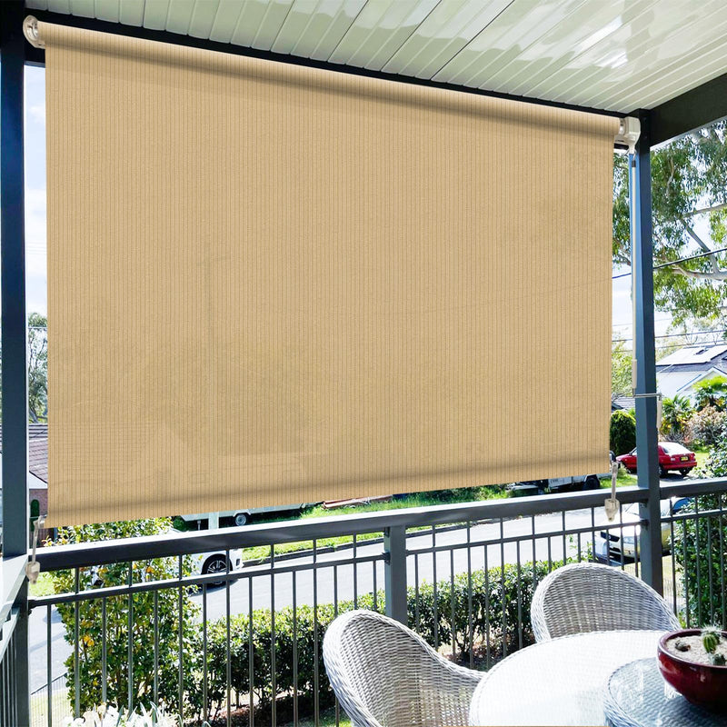Amagenix Outdoor Roller Shades 8(W) X 6(H) Exterior Cordless Patio Shades Roll Up Outdoor Blinds with 90% UV Protection 2 Poles and 1 Piece Fabric Sesame