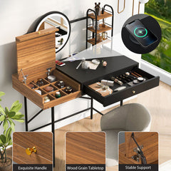 Makeup Vanity Desk With 3-Mode Lighted Mirror Wireless Charging Station , Vanity Table With Drawer 3 Open Shelves For Ample Storage Space