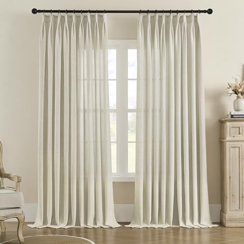 MASWOND Extra Wide Pinch Pleated Semi Sheer Curtains 100W x 108L Inches Extra Long Light Filtering Pinch Pleat Drapes with Hooks for Sliding Patio Door Living Room Bedroom (1 Panel Linen)