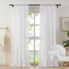 Anpark Elegant White Sheer Curtains for Living Room Patio Door Cotton Linen Crinkle Textured Light Filtering Crepe Sheer Drapes Natural Voile Curtains Rod Pocket W52 x L108 inch 2 Panels