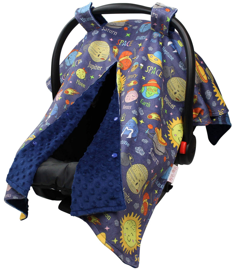 Baby Car Seat Canopy Cover - Planets in Space with Blue Minky Dot