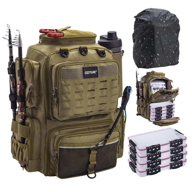 Goture Fishing Backpack with 4 Tackle Boxes Fishing Tackle Backpack with Rod Holders 45L 600D Large Fishing Bag Storage Fishing Gear Tackle Bag with 8 Lure PocketsRain Cover for Camping Hiking