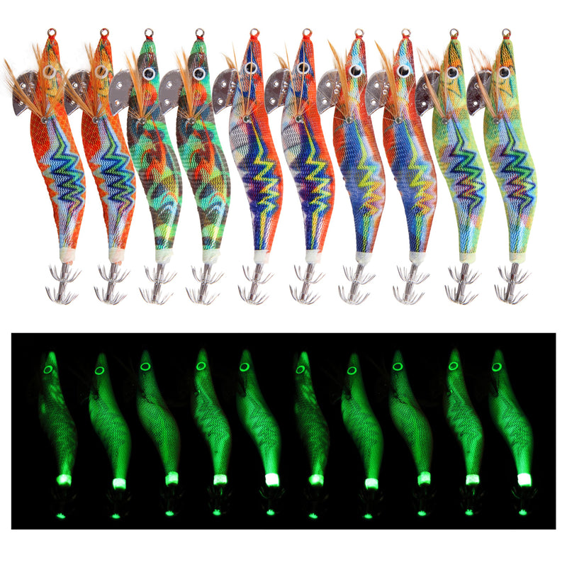 Squid Jig Hook Hard Fishing Lures - 10Pcs Luminous Saltwater Fishing Artificial Shrimp Glow in The Dark Bionic Bait Kit for Fishing Cuttlefish Squid (3.0#)