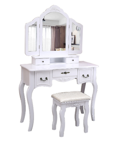 Vanity Table with Wooden Stool, 3 Mirrors, 5 Drawers