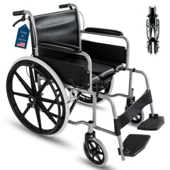 Eosprim Shower Chair with Wheels for Inside Shower Lightweight Foldable Wheelchair Rolling Shower Chair for Elderly & Disabled Beside Commode Wheelchair Raised Toilet Seat Riser Senior Handicap