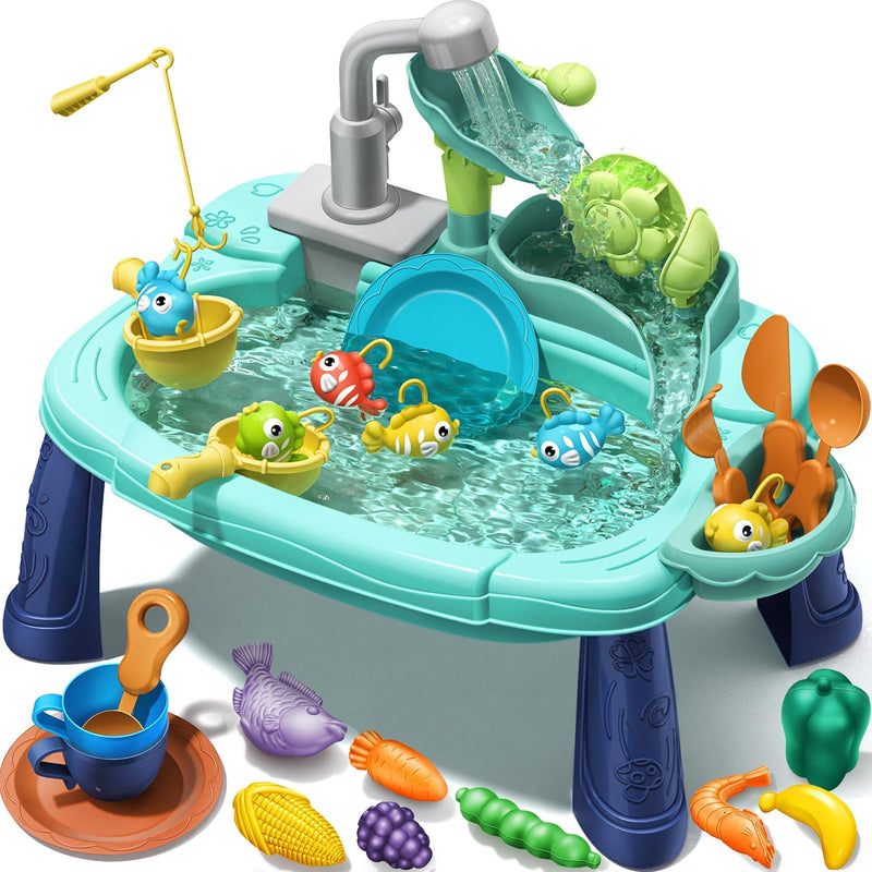 Geyiie Play Sink with Running Water 14.5L x 9.4W x 11.6H Mini Kitchen Sink Toys for Toddlers Includes Electric Faucet Play Food Fishing Game and Waterwheel - Sensory Toys for Girls and Boys