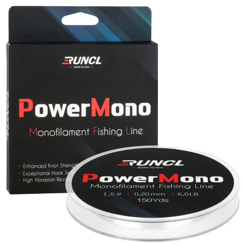 RUNCL PowerMono Fishing Line Monofilament Fishing Line - Ultimate Strength Shock Absorber Suspend in Water Knot Friendly - Mono Fishing Line (Clear 6LB(2.7kgs) 150yds)