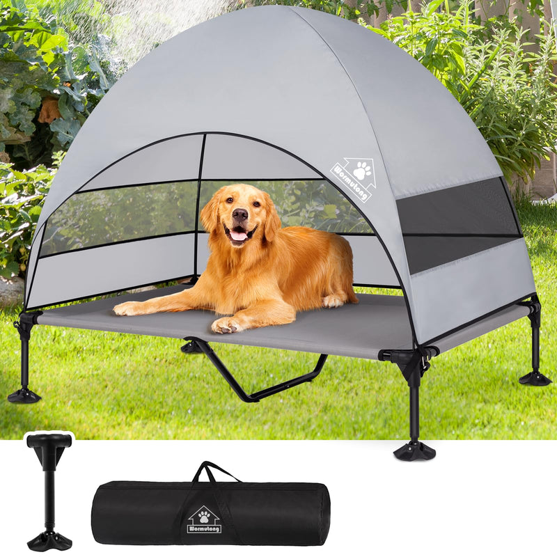 Elevated Outdoor Dog Bed with Canopy Raised Dog Cot with Stable 360°Adjustable Feet Dog Camping Bed with Larger Shade Lifted Dog Tent Bed with Canopy for Outside Camping Backyard Patio & Park