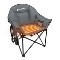KINGROCK Heated Oversized Camping ChairsPadded Patio Lounge Camp ChairRound Moon Saucer Folding Lawn Chair with Folding Cup Holder and Carry Bag