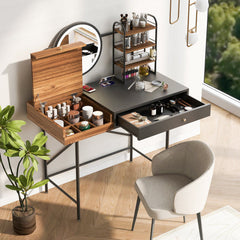 Makeup Vanity Desk With 3-Mode Lighted Mirror Wireless Charging Station , Vanity Table With Drawer 3 Open Shelves For Ample Storage Space