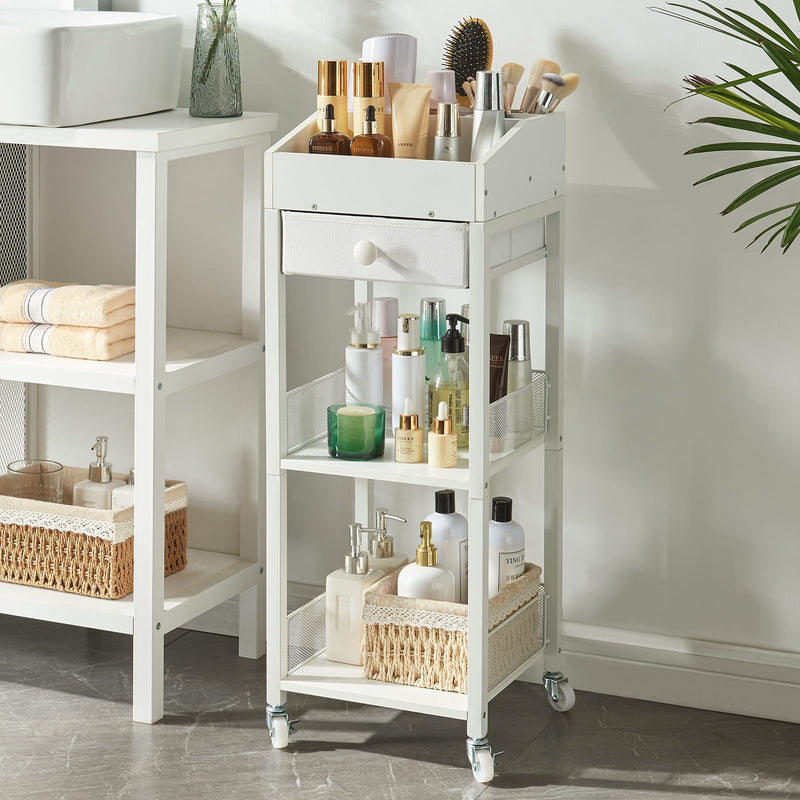 HUSHEDIFY Makeup Organizer Cart3 Tier Floor Make up Storage Stand with Drawer Free Standing Skincare Cosmetic Display Holder with Wheels for Vanity Bedroom Dresser Bathroom(White)